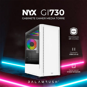 Gabinete Gamer BALAM RUSH NYX GI730 ATX Media Torre 3 Fan Cristal Templado Blanco BR-936101