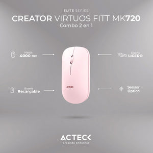 Kit Teclado y Mouse ACTECK VIRTUOS SILK MK720 Inalambrico USB-C Rosa AC-936279