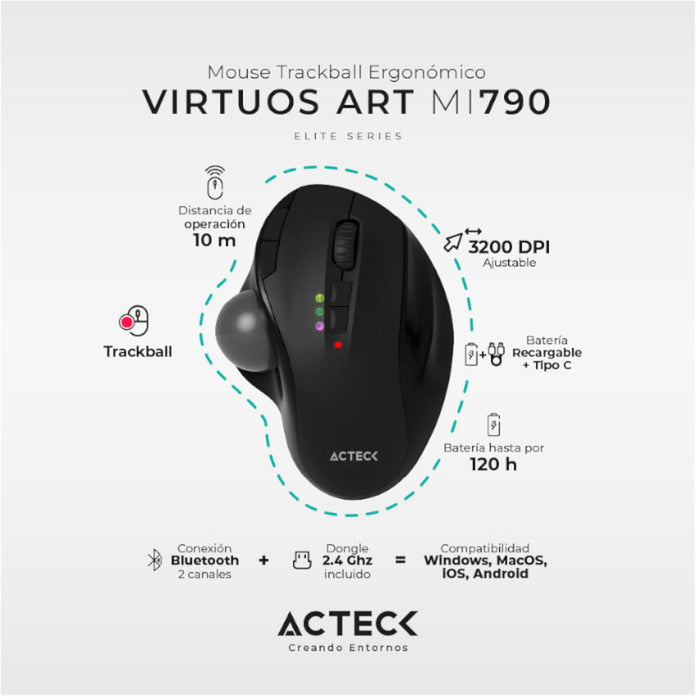 Mouse Ergonomico ACTECK VIRTUOS ART MI790 1600dpi Inalambrico 8 botones Negro AC-936309