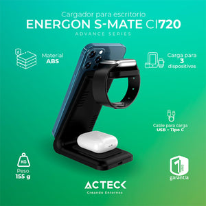 Cargador inalambrico ACTECK ENERGON S-MATE CI720 iPhone IWatch AirPods USB-C Negro AC-937153