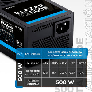 Fuente de Poder PC 500W ACTECK BLAZAR FX500 TFX Negro ES-05002T