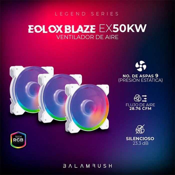 Kit 3 Ventiladores Gamer BALAM RUSH EOLOX BLAZE EX50KW 120mm ARGB Diseño Circular Borde LED Rainbow 1500RPM Blanco 3 Pin Controladora BR-937993