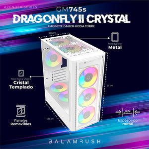 Gabinete Gamer BALAM RUSH DRAGONFLY II CRYSTAL GM745s ATX Media Torre 3 Fan Cristal Templado Blanco BR-936064