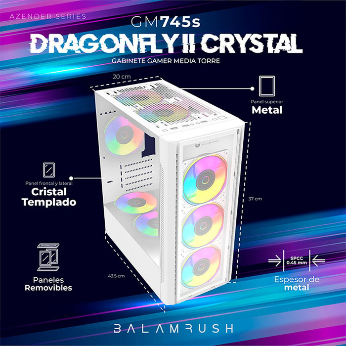 Gabinete Gamer BALAM RUSH DRAGONFLY II CRYSTAL GM745s Micro ATX Media Torre 3 Fan Cristal Templado Blanco BR-936064