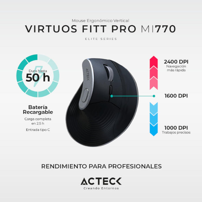 Mouse Ergonomico ACTECK VIRTUOS FITT PRO MI770 1600dpi Inalambrico 8 botones Negro AC-936200