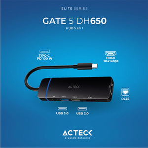 HUB ACTECK GATE 5 DH650 Multipuerto 5 en 1 USB-C USB Ethernet HDMI 4k Negro AC-936774