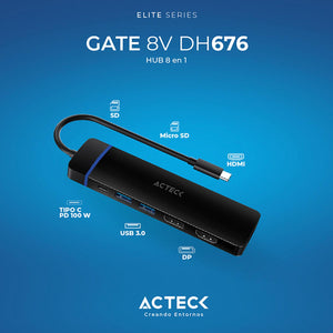 HUB ACTECK GATE 8V DH676 Multipuerto 8 en 1 USB-C HDMI DisplayPort Micro SD Negro AC-936477