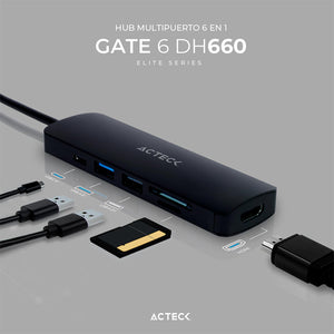 HUB ACTECK GATE 6 DH660 Multipuerto 6 en 1 USB-C HDMI 4K SD 2.0 Negro AC-934619