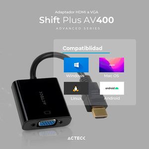 Adaptador Convertidor ACTECK SHIFT PLUS AV400 HDMI a VGA Negro AC-934756
