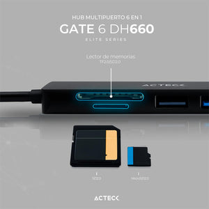 HUB ACTECK GATE 6 DH660 Multipuerto 6 en 1 USB-C HDMI 4K SD 2.0 Negro AC-934619