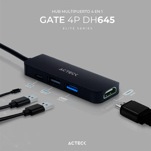 HUB ACTECK GATE 4P DH645 Multipuerto 4 en 1 USB-C HDMI 4K Negro AC-934640