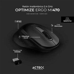Mouse ACTECK OPTIMIZE ERGO MI470 1600dpi 2 botones Inalambrico USB 2.4 Ghz Negro AC-934145