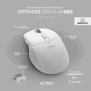 Mouse ACTECK OPTIMIZE ERGO MI680 1600dpi 6 botones Inalambrico USB 2.4 Ghz Blanco AC-934084