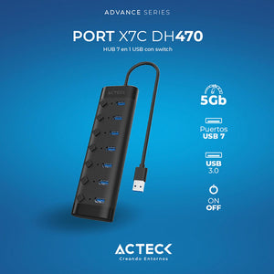 HUB ACTECK PORT X7 DH470 7 en 1 USB 5 Gps Negro AC-937054