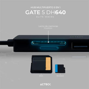 HUB ACTECK GATE 5 DH640 Multipuerto 5 en 1 USB-C HDMI 4K SD 2.0 Negro AC-934633