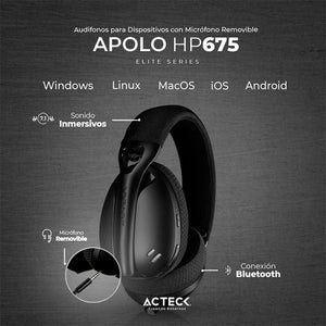 Audifonos Diadema ACTECK APOLO HP675 Inalambricos con Microfono Removible Negro AC-935333